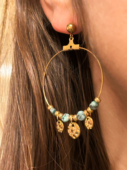 Créoles en jaspe dalmatien bleu – acier inoxydable doré