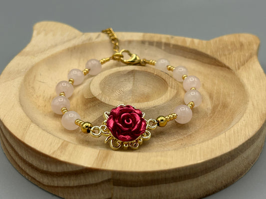Bracelet Rose rouge et Quartz rose