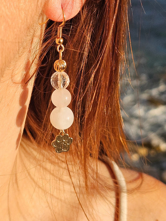 Boucles Patte Lunaire Pierre de lune et quart rose breloque patte signature