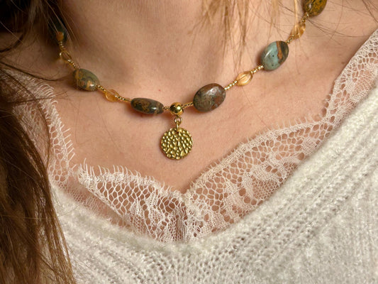 Collier Solstice Dore Jaspe et Citrine