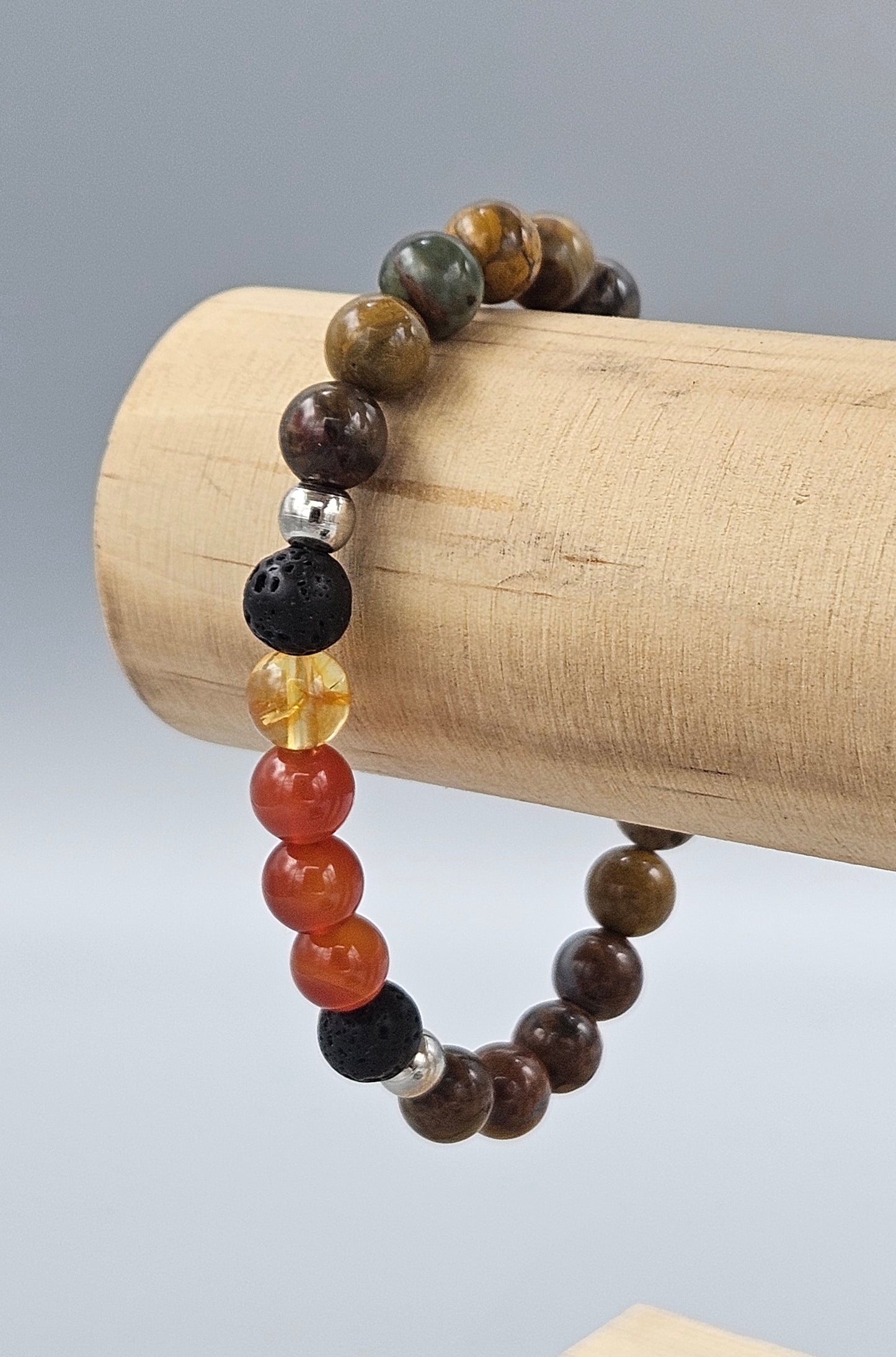 Bracelet homme en citrine, cornaline, jaspe mokaïte et pierre de lave avec séparateurs argentés