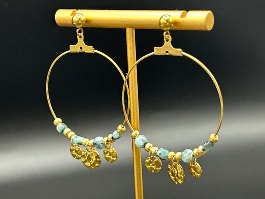 Créoles en jaspe dalmatien bleu – acier inoxydable doré