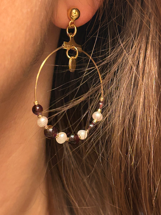 Boucles créoles Grenat & Perles de culture – Inox doré