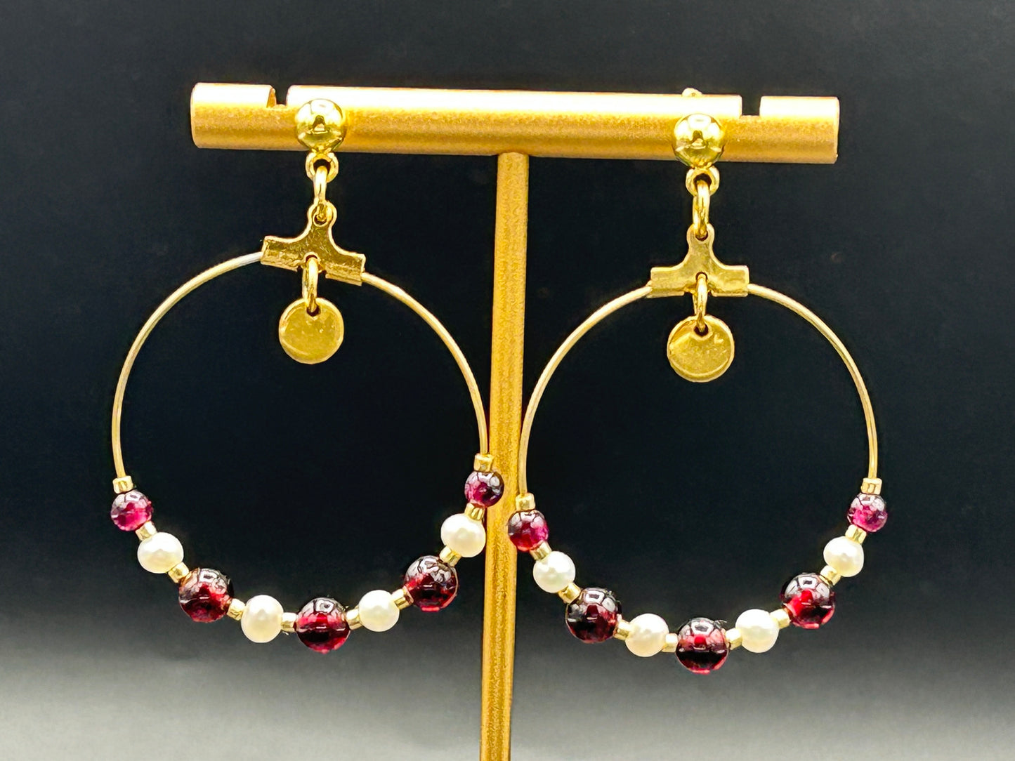 Boucles créoles Grenat & Perles de culture – Inox doré