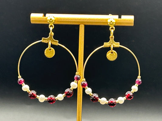 Boucles créoles Grenat & Perles de culture – Inox doré