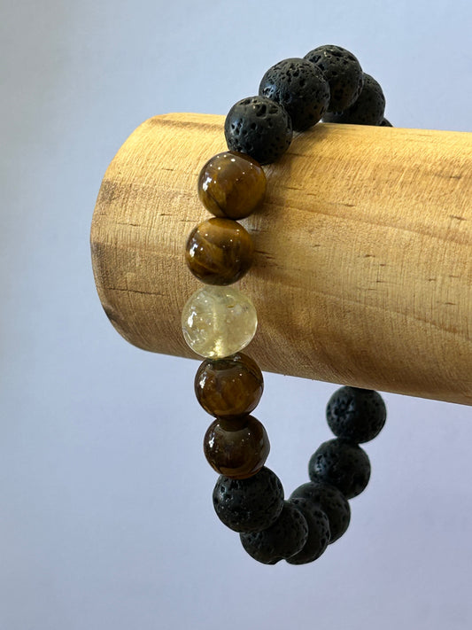 Bracelet homme Souverain oeil de tigre, lave et citrine - Chance