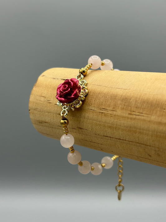 Bracelet Rose rouge et Quartz rose