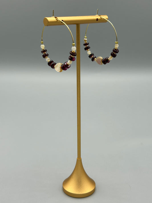 Créoles dorées Grenat - coeur coquillage