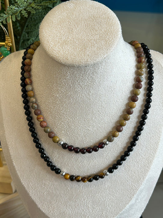 Collier homme Force intérieure -Agate noire et oeil de tigre