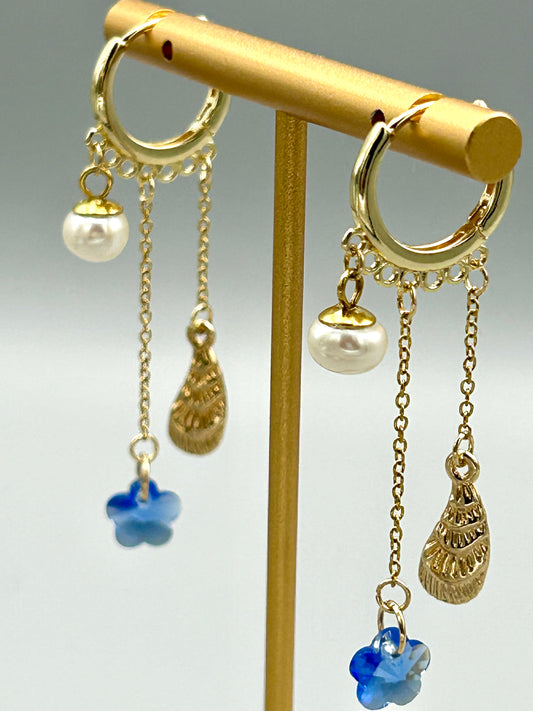 Boucles créoles Éclat Marin – perle de culture, cristal & coquillage doré