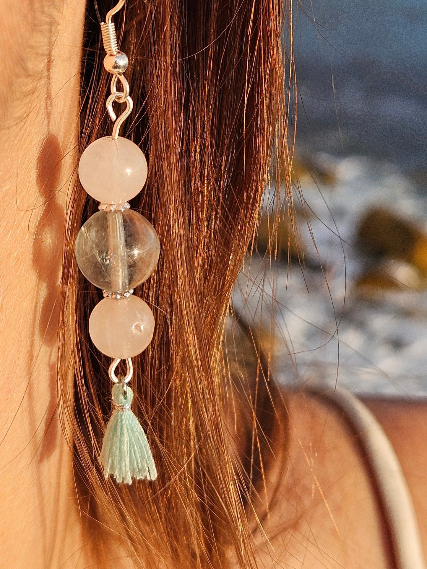 Boucles Douce Harmonie pompon fluorite et quartz rose