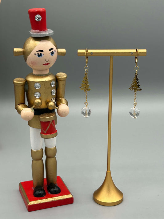 Boucles d’oreilles pendantes sapin doré avec perle en cristal