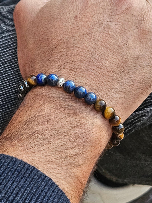Bracelet homme Stratège oeil de tigre, hématite et lapis lazuli - Colomba Créations