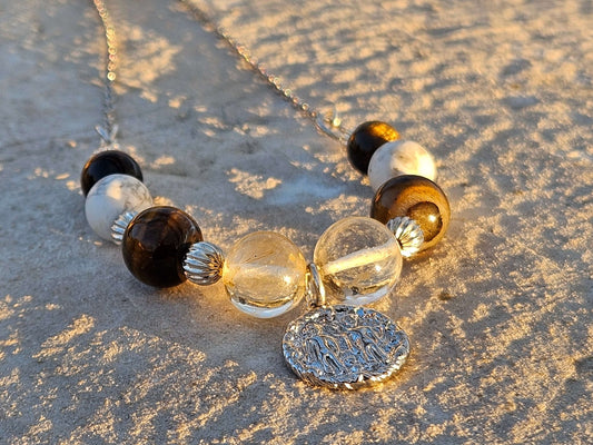 Collier zodiaque Gemeaux - signe astrologique citrine oeil tigre et howlite