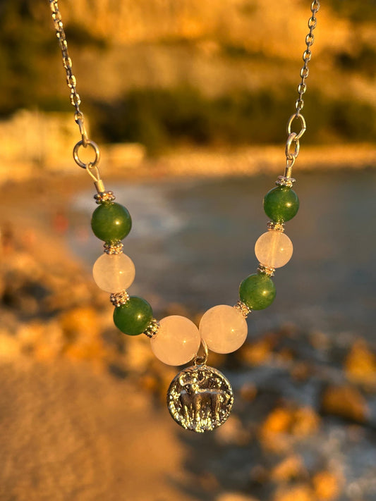 Collier zodiaque Taureau quartz rose et aventurine verte